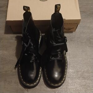 Dr. Martens Black Leather 8-Eye Lace-Up Boots with Yellow Stitching